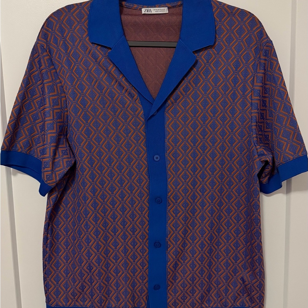 Zara Blue & Brown Geometric Short-Sleeve Button-Up